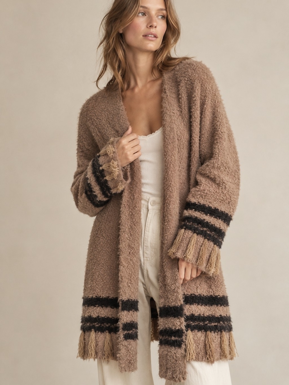 KORI Camel Fuzzy Bouclé Duster Cardigan Open front Boho Fall Cabincore Lagenlook